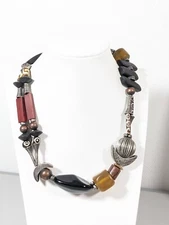 Chicos Bali Style Tribal Black Brown Silver Tone Crescent Moon necklace 22 in