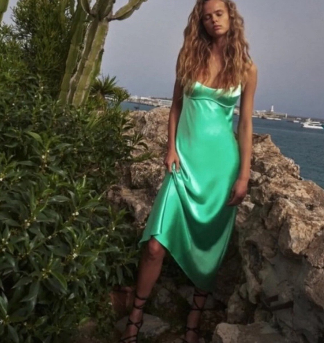 Zara Satin Green Dress | eBay