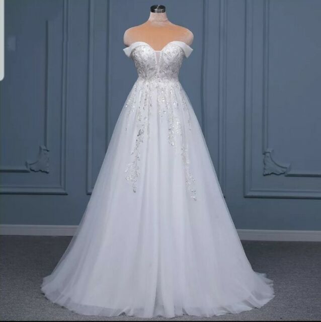 Uk white Ivory Off Shoulder Bridal Beach A Line Sequins Wedding Dress Size 12