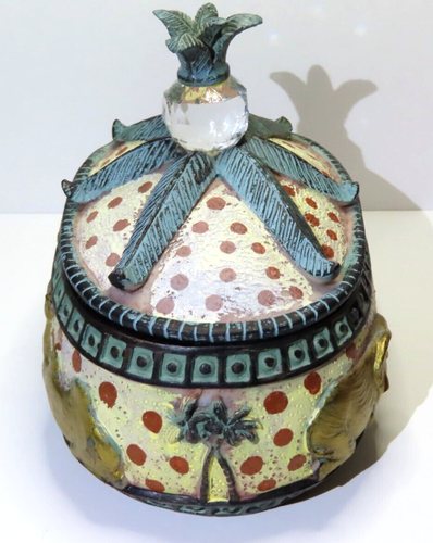 Vintage Hand Painted Resin Oval Trinket Keepsake Jewelry Box Elephants & Camels - Picture 6 of 14