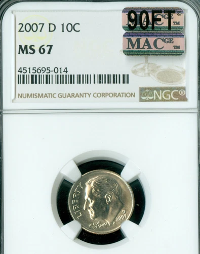 2007 D ROOSEVELT DIME NGC MS67 MAC 90FT MAC SPOTLESS FINEST   *
