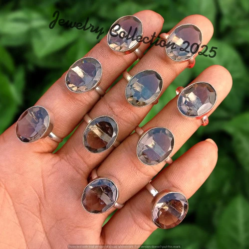 Lote de 10 piezas de anillos étnicos enchapados en plata 925 con piedras preciosas de topacio ahumado al por mayor de joyas Foto 2 de 4