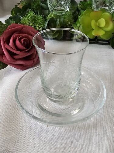 3 Sets Turkish Tea crystal Glass Coffee Shot Cups & Saucers etched glass design - Picture 3 of 7