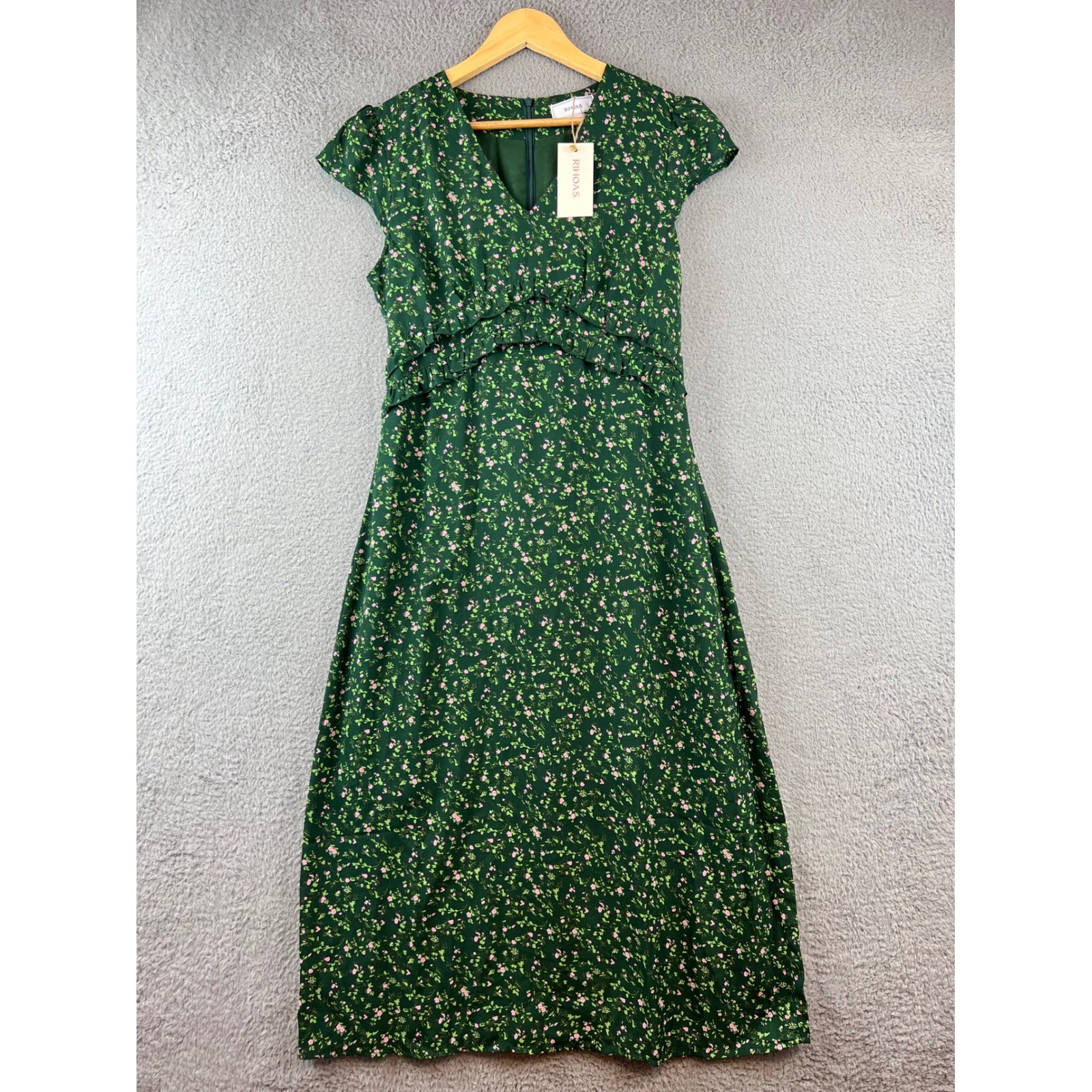 New RIHOAS The V Neck Frill Trim Midi Grass Green Dress Size M