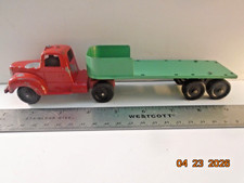 Tootsietoy, Mack Tractor Flat trailer. 9" long. Grn./Red, 1955