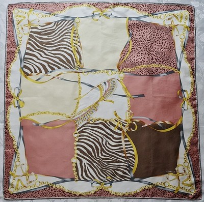 SCARF VINTAGE AUTHENTIC CODELLO LEOPARD ZEBRA ANIMAL GOLD CHAIN SILK 34'' SQUARE