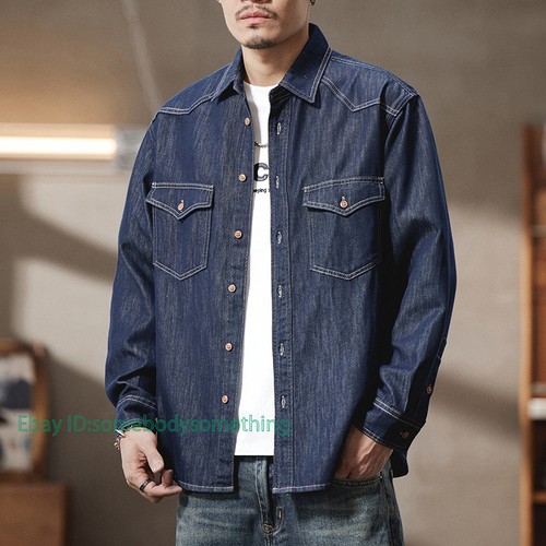 Western Denim Shirt Men's Cotton Work Shirt Casual Loose Coat Top Vintage - Picture 12 of 15