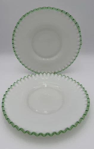 VTG Fenton Emerald Crest Milk Glass Dinner Plates 11.75 Green Ruffle Set Of 2
