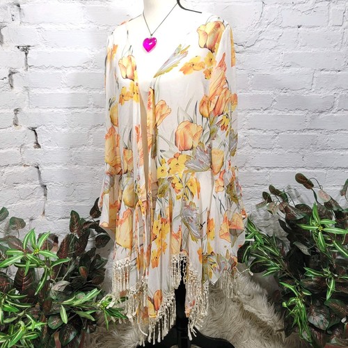 Umgee Size 2XL Floral Print Bell Sleeve Open Front Kimono Style Duster