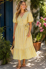 Womens Yellow Striped Wrap Midi Dress XS Draper James Puff Sleeve Summer Casual