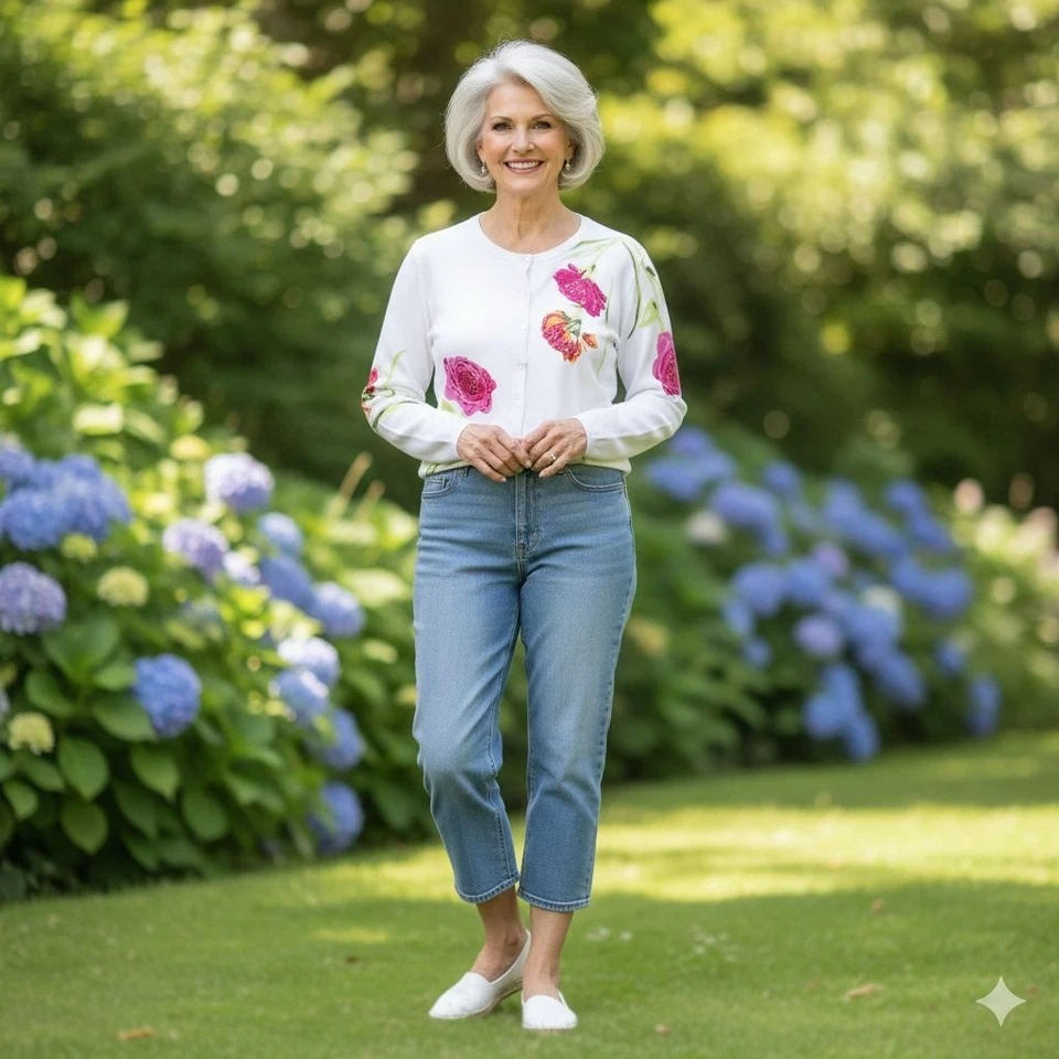 Quacker Factory White Pink Floral Sequined Plussize Cardigan Sweater Size 1X - Image 4 of 4
