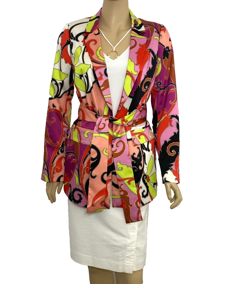UNGARO Heidi Jacket Tie Waist Faux Pocket Long Sleeve Colorful Size S NWT $695 - Image 3 of 4