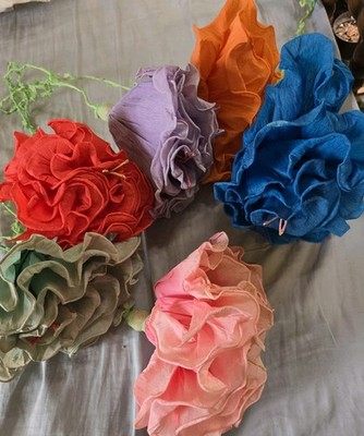 6 Vtg Crepe Paper Flowers 14'' Long
