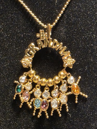 Vint #1 Grandma Charm Holder Pendant Necklace Gold Tone 7 Children Multi Colors - Bild 1 von 13