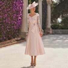 Arrival Pink Mother of the Bride Dresses Lace V Neckline Mother Gowns Tea Length