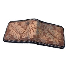 VTG Leather Wallet Hand Tooled Stamped Embossed Floral Distressed Leaves Acorns