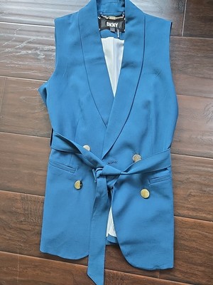 Women's Blue DKNY Tie Around Suit Vest with Gold Accents Size 0 Retails $129