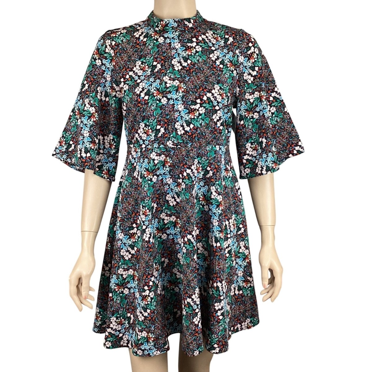 Zara Dress Size Small Floral Bat Wing Sleeves Black Ditsy Flowy Mini