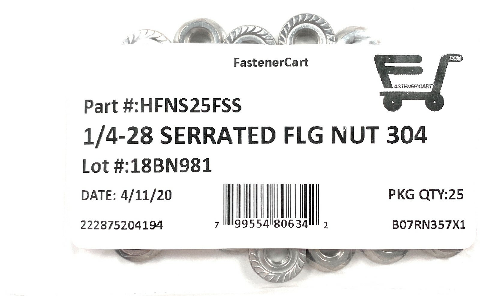 25 Pcs 1/4-28 Stainless Steel Serrated Flange Lock Nuts | 304 Stainless | Flange Nuts With Grip | HFNS25FSS