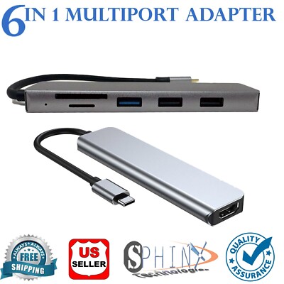 6 in 1 Multiport Hub Adapter Type-C To USB 3.0, USB 2,  4K HDMI and SD TF Slots