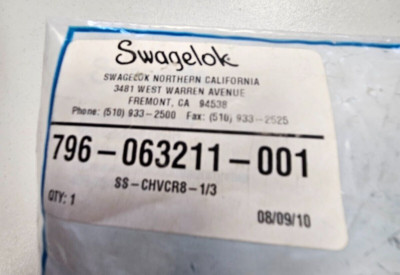 Swagelok PN: SS-CHVCR8-1/3 Valve Check 1/2'' Lam PN: 796-063211-001