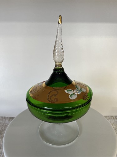 Vintage MCM grün & gold Glas bedeckt Schale auf Sockel, super Zustand - Bild 1 von 12