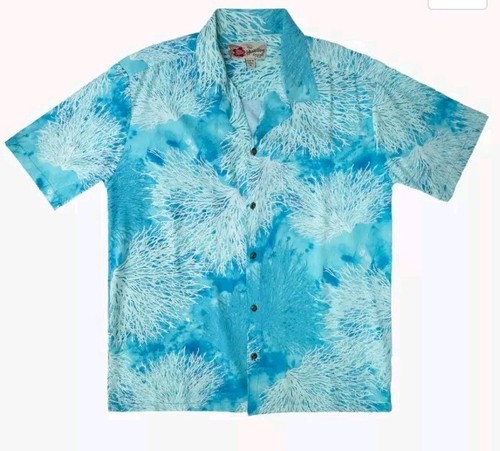 Hilo Hattie Aloha Shirt Mens XL Coral Print Blue White Hawaiian Vacation Resort