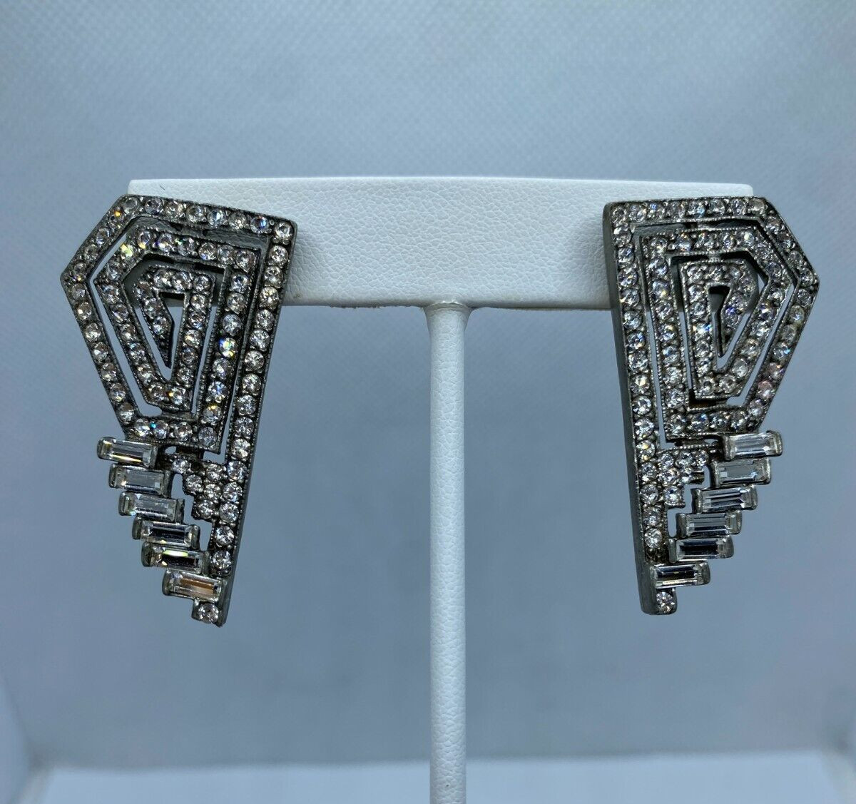 Ben Amun Art Deco Crystal Earrings Geometric Pierced Silver Tone Clear Crystals View 2