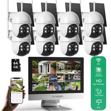 4MP WLAN Solar Powered Security Camera System Dome 12" LCD Monitor 10CH NVR 64G