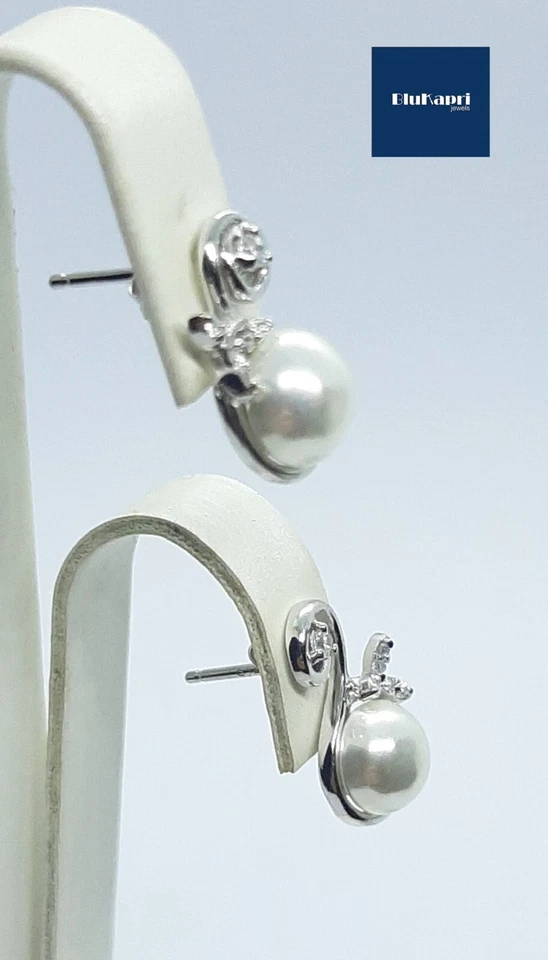 Orecchini Donna  Argento 925 con Perla 8 mm e zirconi - Immagine 2 di 4
