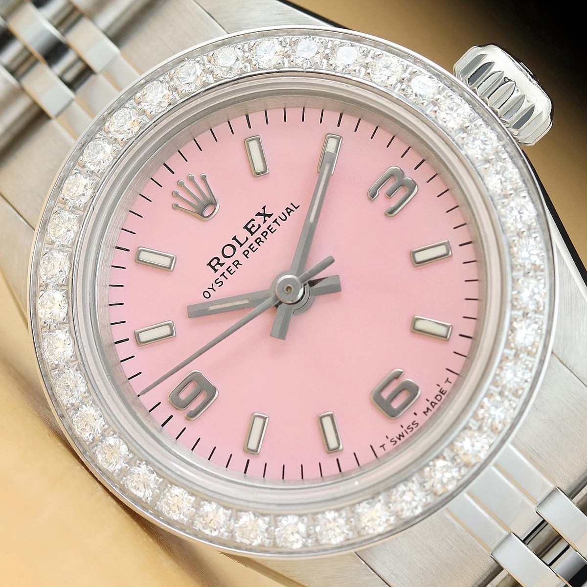 ROLEX LADIES OYSTER PERPETUAL 67180 PINK ARABIC DIAL DIAMOND ROLEX LADIES OYSTER PERPETUAL 67180 PINK ARABIC DIAL DIAMOND