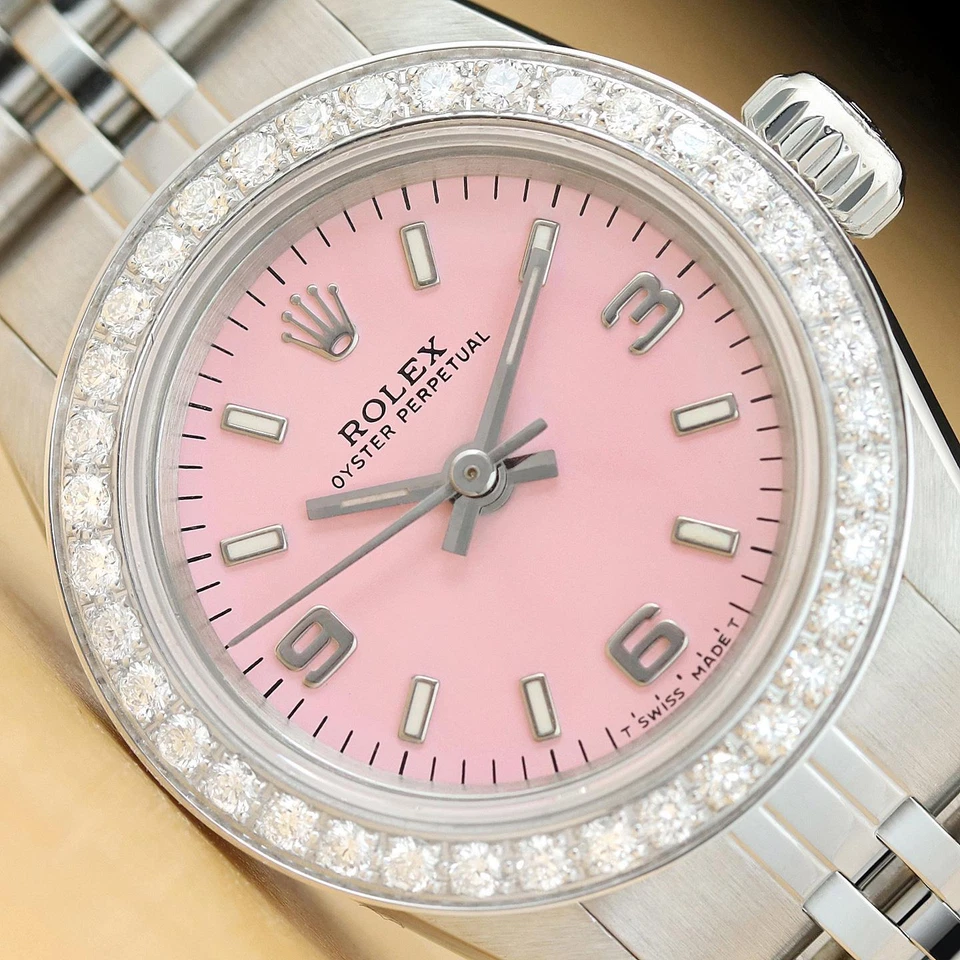 ROLEX LADIES OYSTER PERPETUAL 67180 PINK ARABIC DIAL DIAMOND BEZEL STEEL WATCH