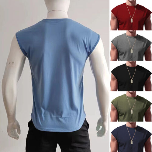 Mens Workout Tank Top Sleeveless Round Neck Gym Bodybuilding Cut Off T Shirts - Picture 4 of 61