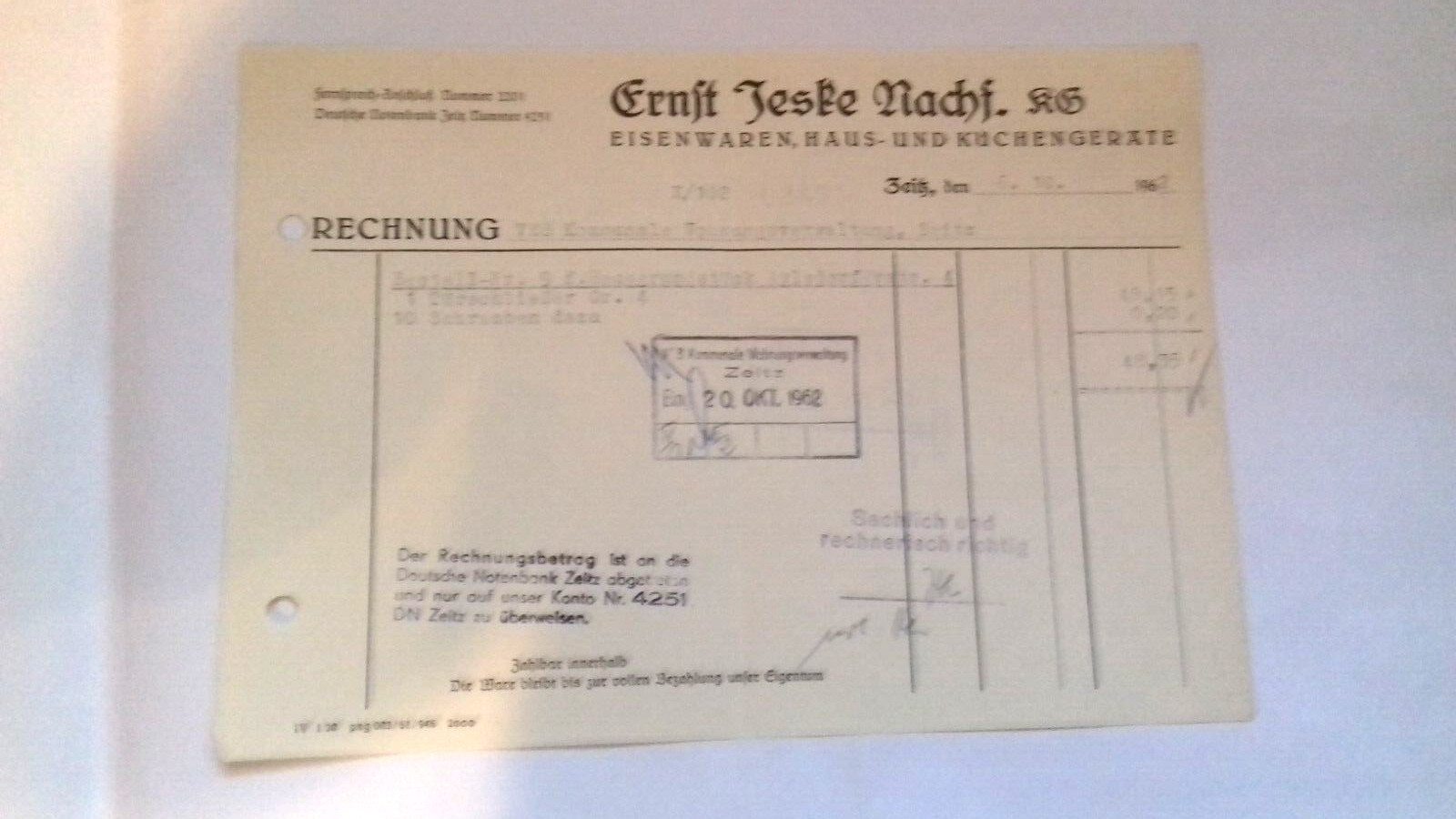 Zeitz,Ernst Jeske Nachf.,Eisenwaren,Haus u. Küchenger.,Rechnung 1962