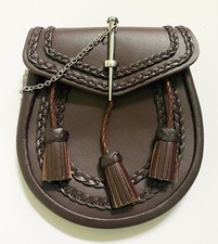 Scottish Kilt Brown Braided Sporran Embossed with Thistle Pin Lock, 3 Tassels