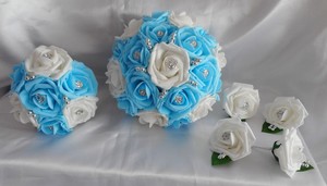 Nozze Fiori Light Blue \u0026 White Rose Bouquet Sposa Posy asole Pacchetto |  eBay