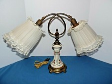 Vtg. Rare Cambridge Porcelain Pink Flowers 2 Light Electric Lamp Fabric Shades 