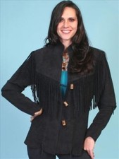 Women Black Sweden Leather Coat Antique Cow Lady West Fringes Wear Jacket