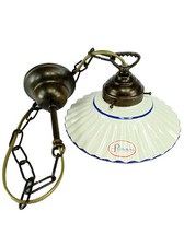 Lampadario ottone brunito stile liberty,stelo a catenella piatto ceramica l1027