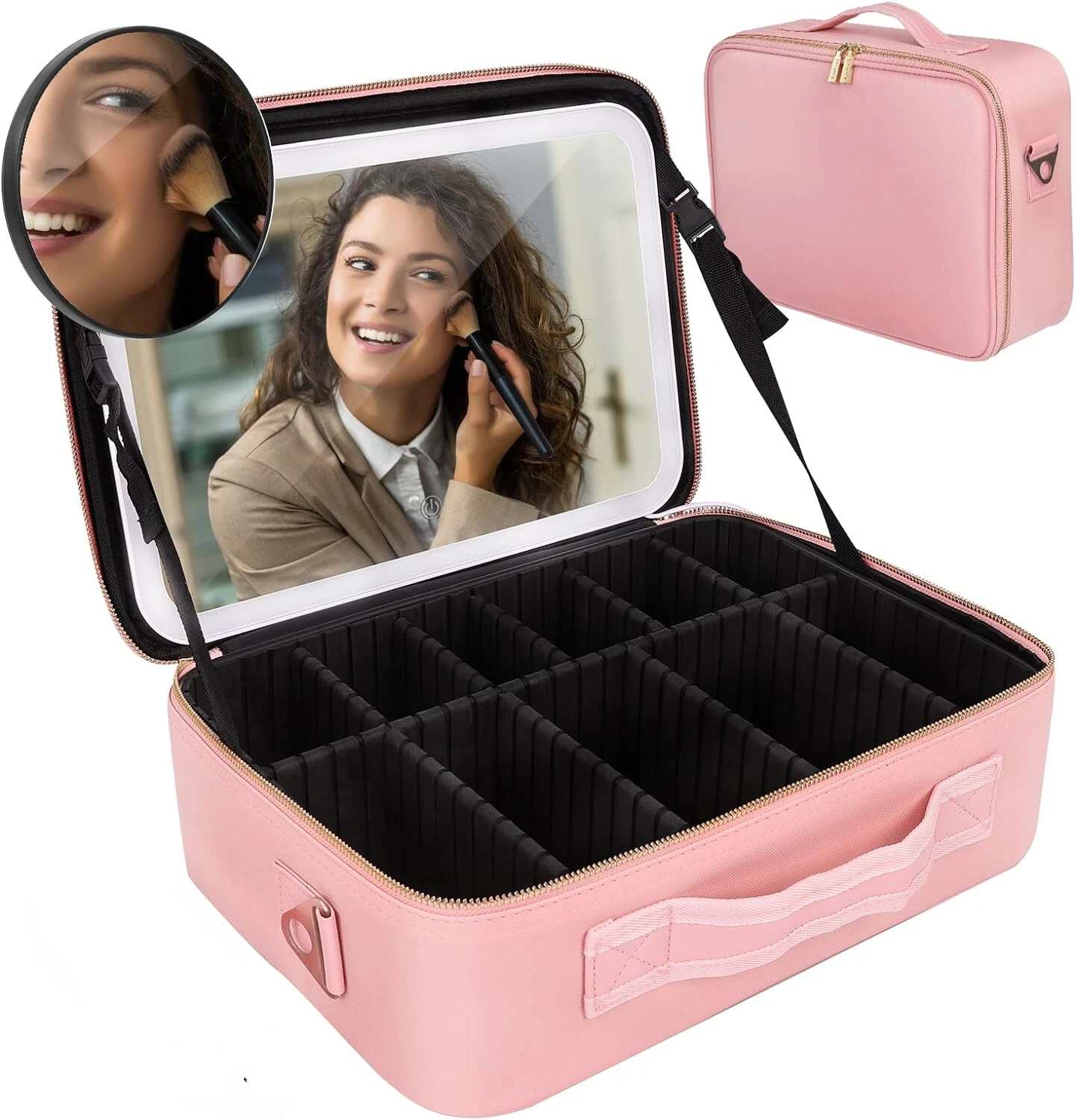 Women Travel Makeup Bag With LED Mirror Train Case Organizer Makeup Brush Holder