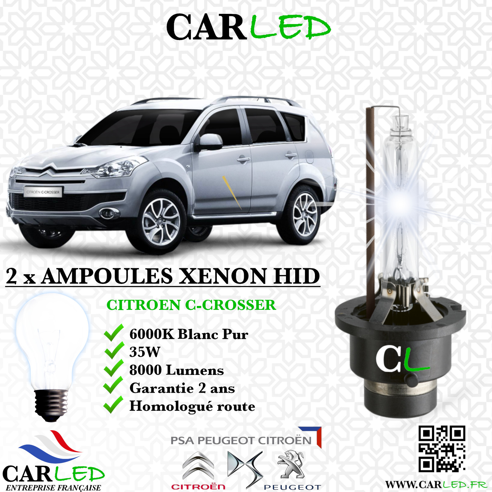 Kit Ampoule HID Xénon 35W CITROEN C-CROSSER : Éclairage Blanc 6000K Haute Performance