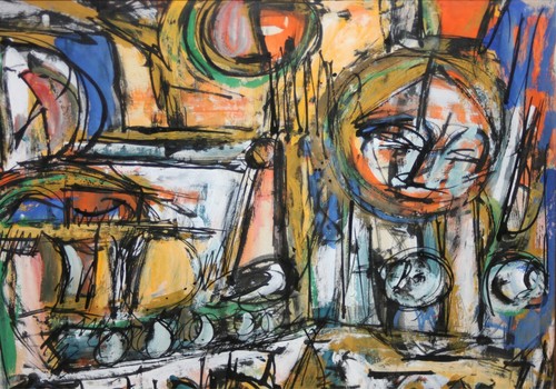 Martin Kaelin Signed Mid Century Modern Acrylic-Abstracted City Street/Figures - Picture 4 of 8