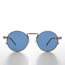 Round Silver Goth Steampunk Sunglass Blue Lens- Ivan