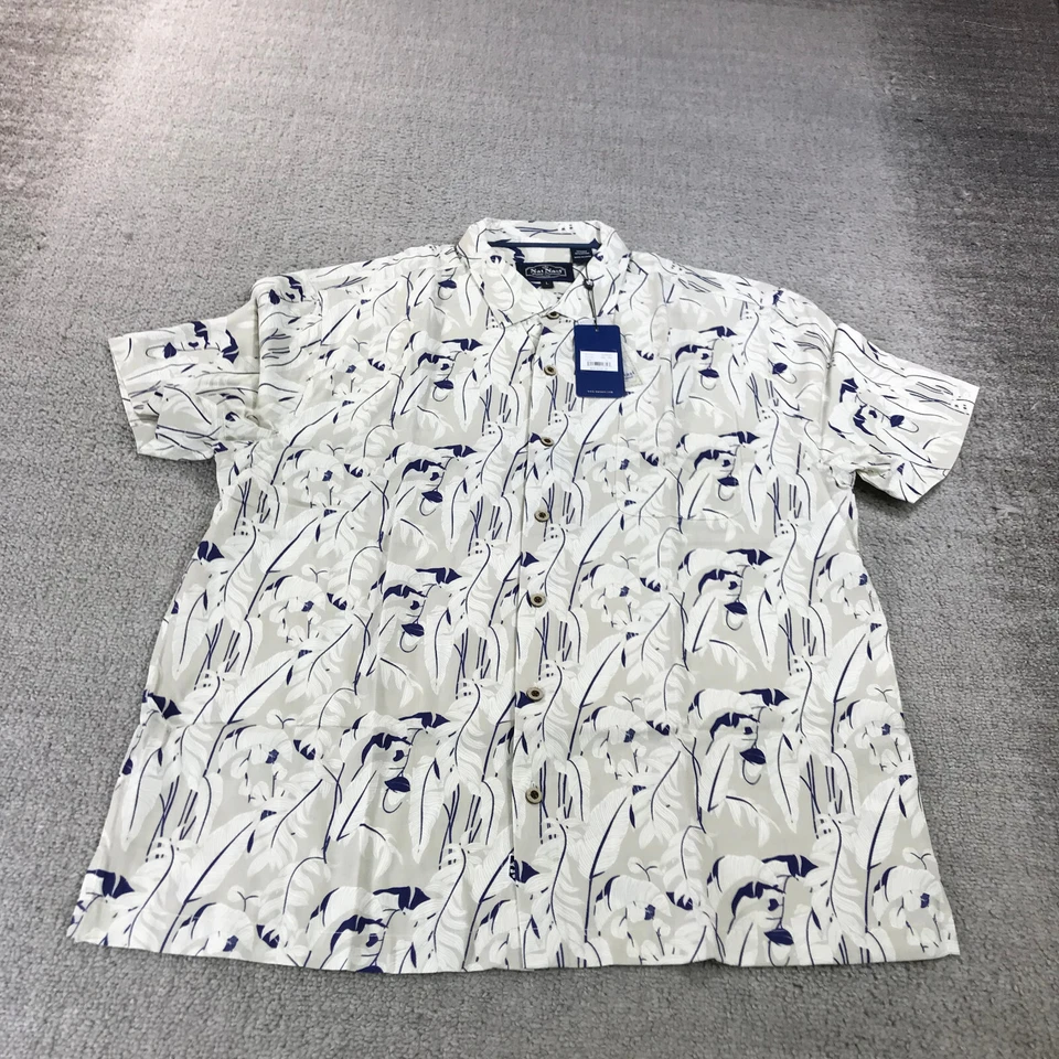 Nat Nast Shirt Mens Large Button Up Silk Beige Ivory Floral Blue Camp Shirt - Image 2 of 4