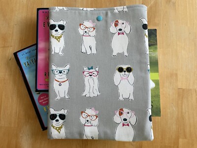 Book Sleeve Handmade Dogs In Reading Glasses Cotton Canvas 9 X 12  Snap Closure
