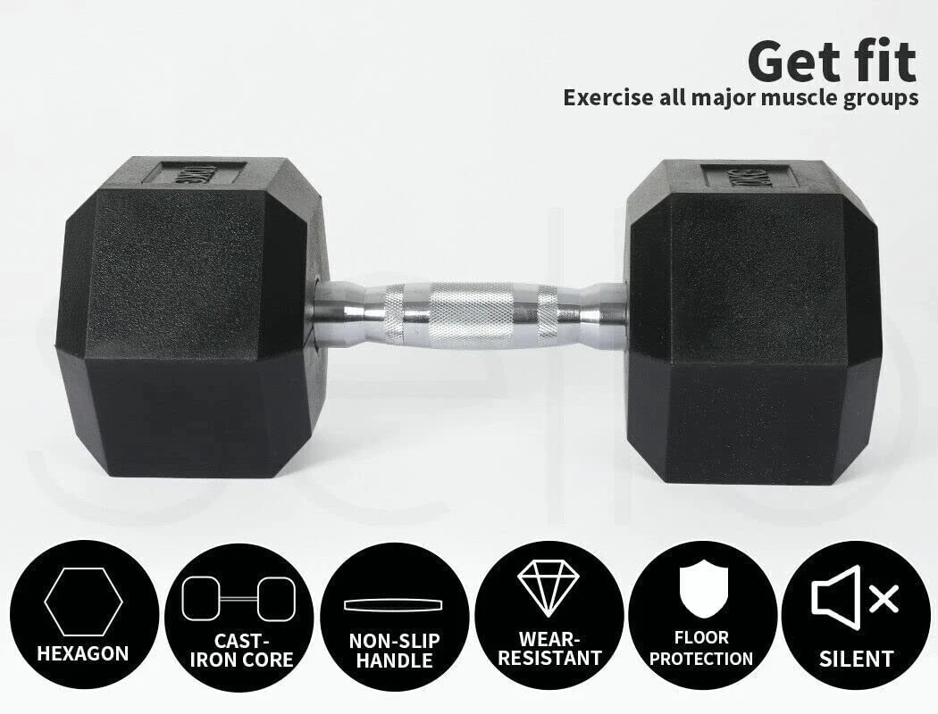 Single 17.5 kg Rubber Hex Dumbbells Fitness Home Gym Strength Weight Training