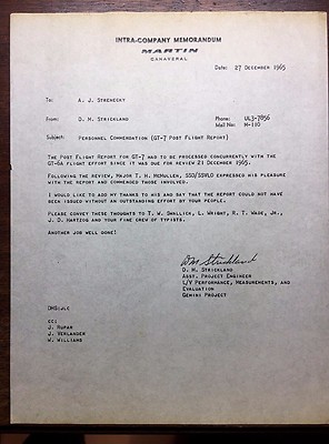 THE MARTIN COMPANY DECEMBER 1965 GT-7 POST FLIGHT REPORT MEMO JOB WELL ...
