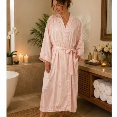 Unbranded Floral Jacquard Satin Kimono Robe Womens XL Pink Long Belted Pocket