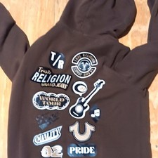 True Religion Men's Brown Full Zip Hooded Hoodie Embroidered Logo Patches L