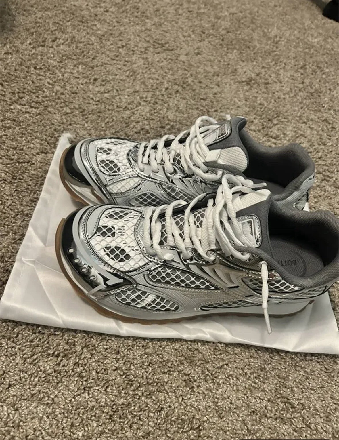 Bottega Veneta Silver Mesh Low Top Lace-Up Men’s Sneakers New w/ Box